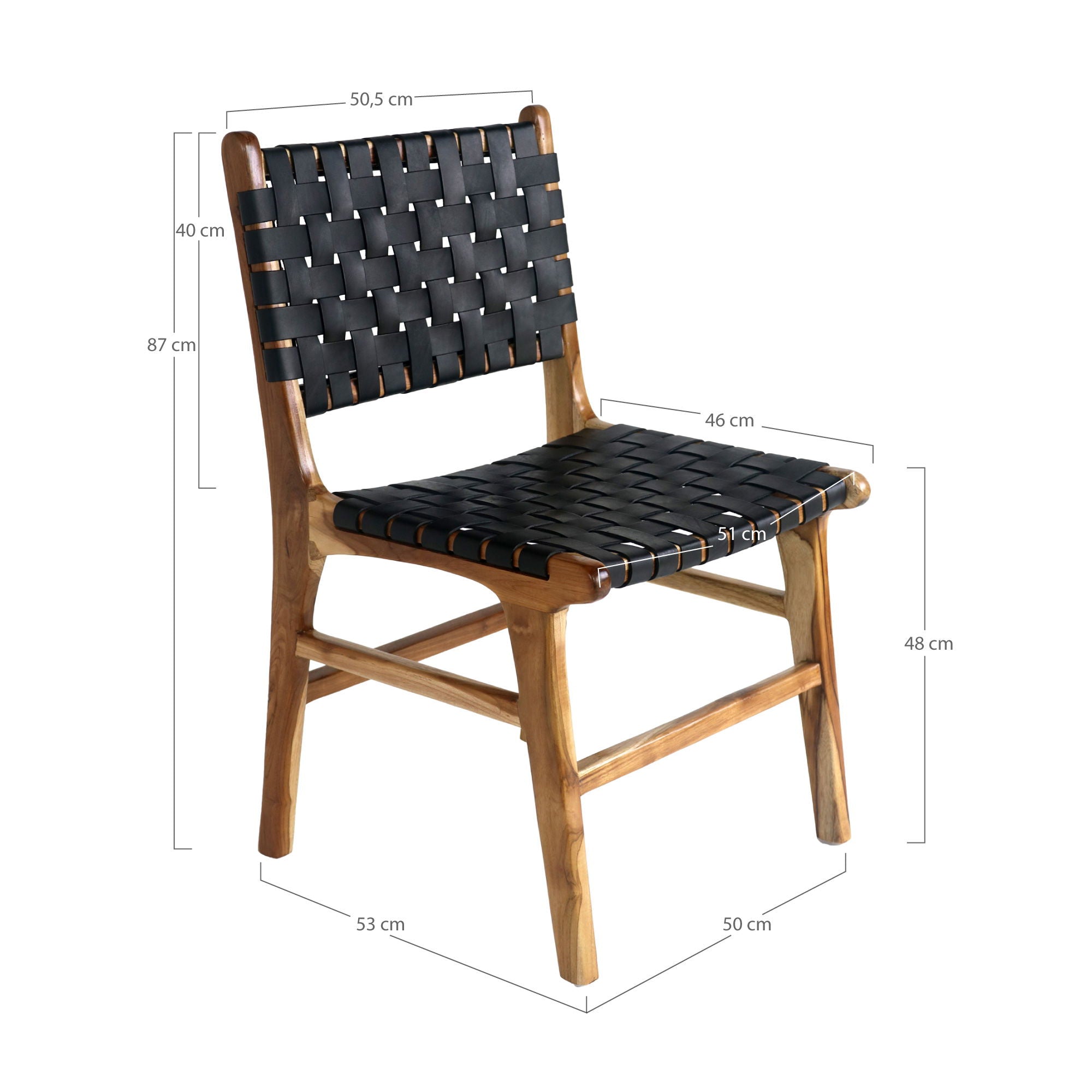 Perugia Esszimmerstuhl 2er Set – Stuhl aus Teakholz mit Ledergurtgeflecht, 51×53×87 cm