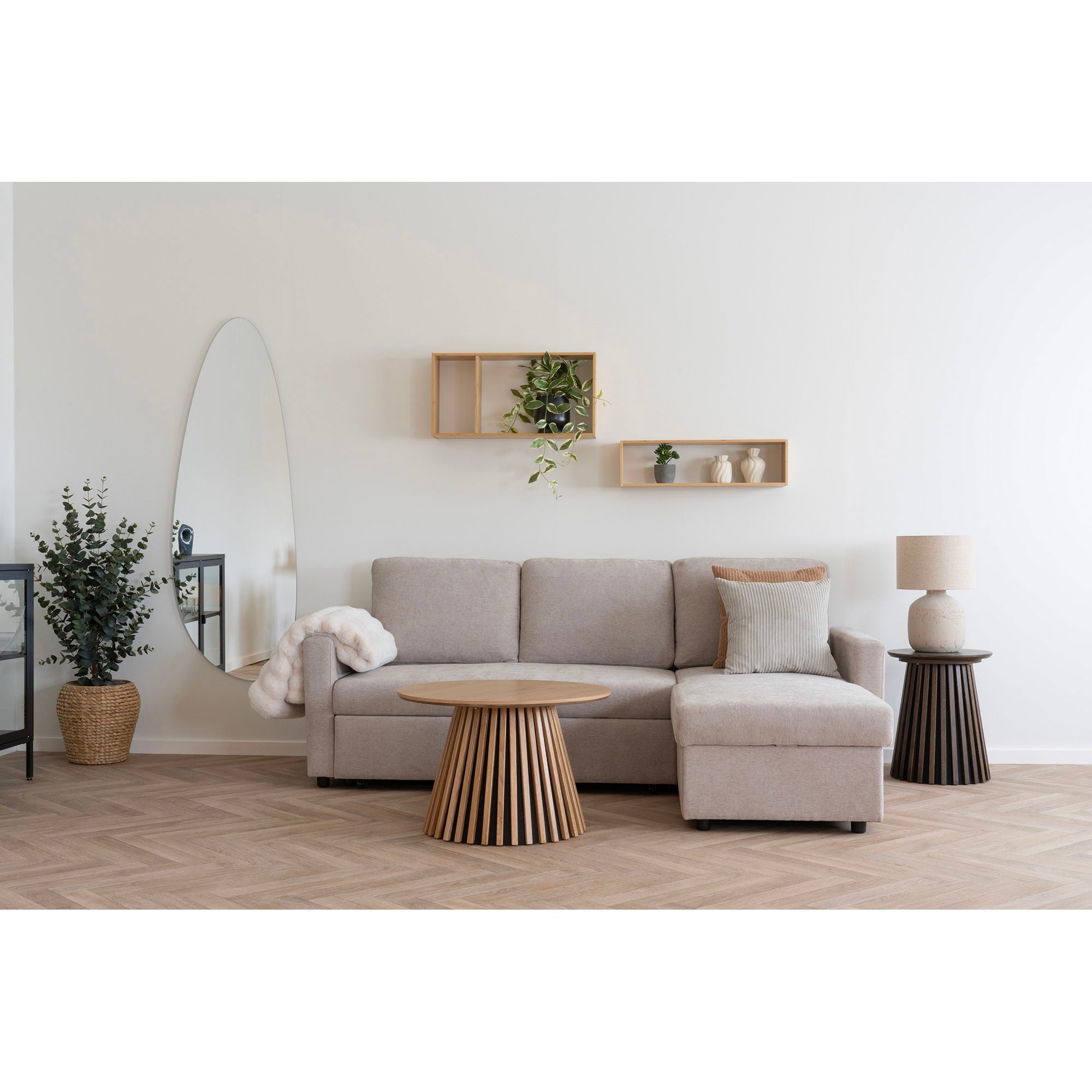 Belfast – Schlafsofa mit Stauraum, dark sand, natürliche Holzbeine, 218 × 80/150 × 87 cm