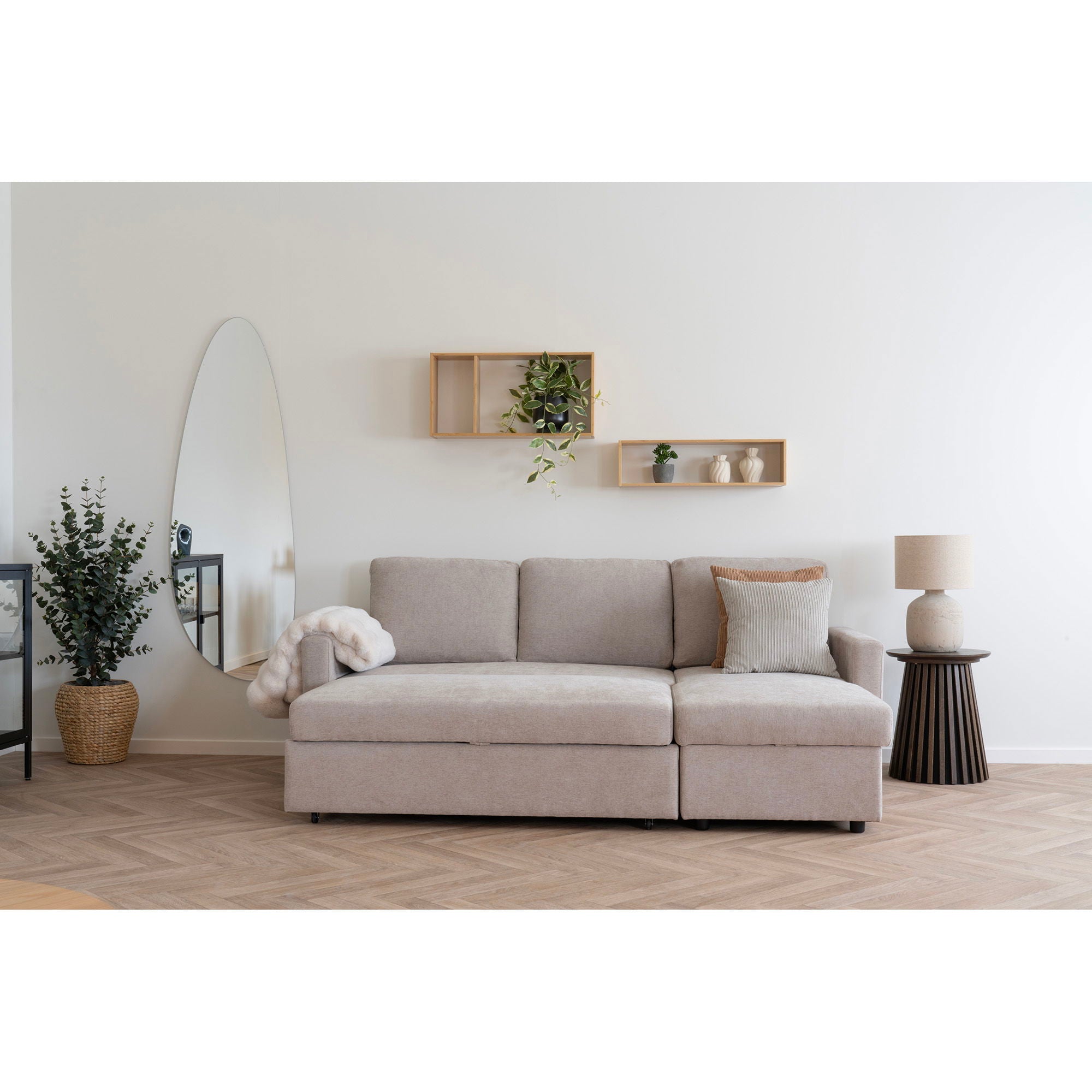 Belfast – Schlafsofa mit Stauraum, dark sand, natürliche Holzbeine, 218 × 80/150 × 87 cm