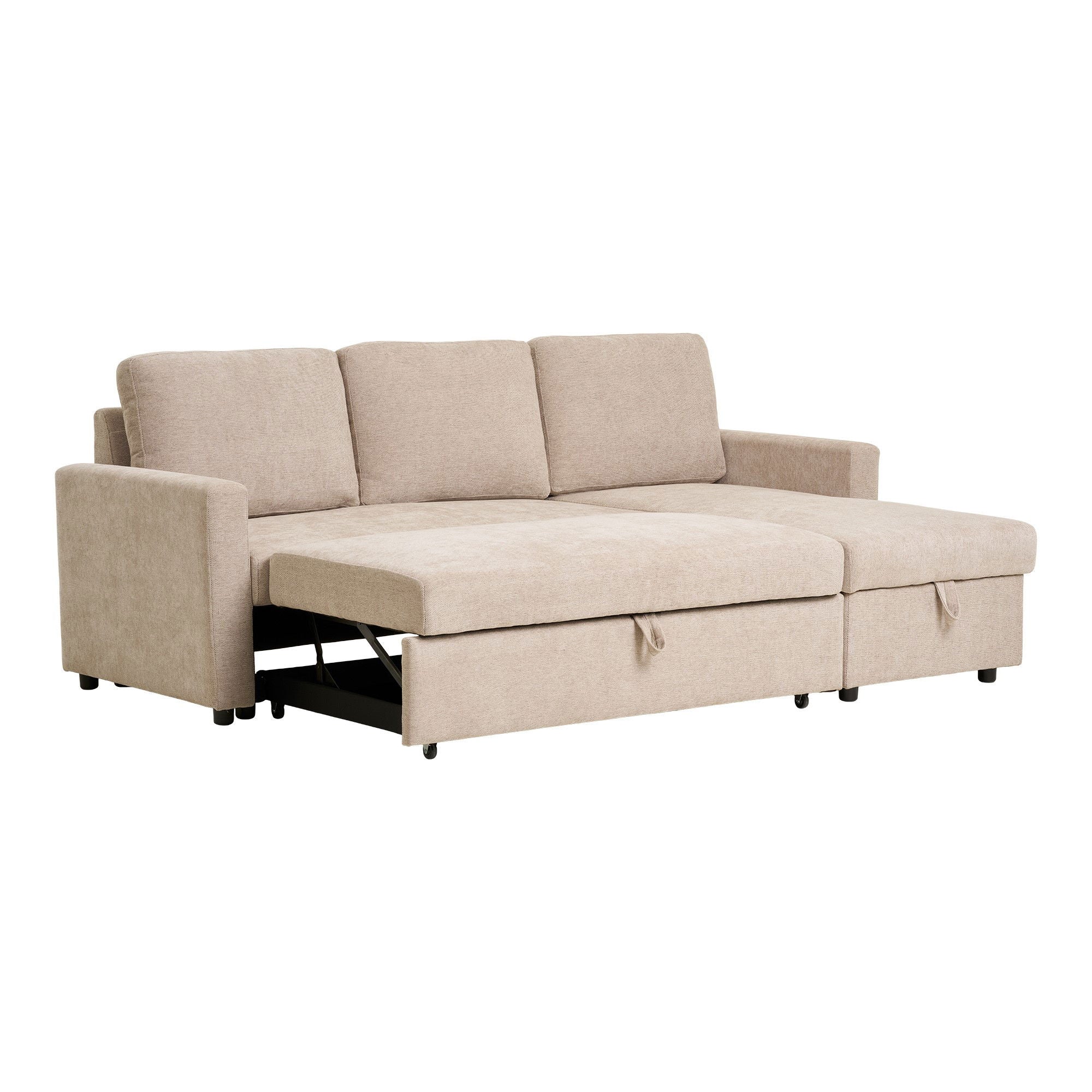 Belfast – Schlafsofa mit Stauraum, dark sand, natürliche Holzbeine, 218 × 80/150 × 87 cm