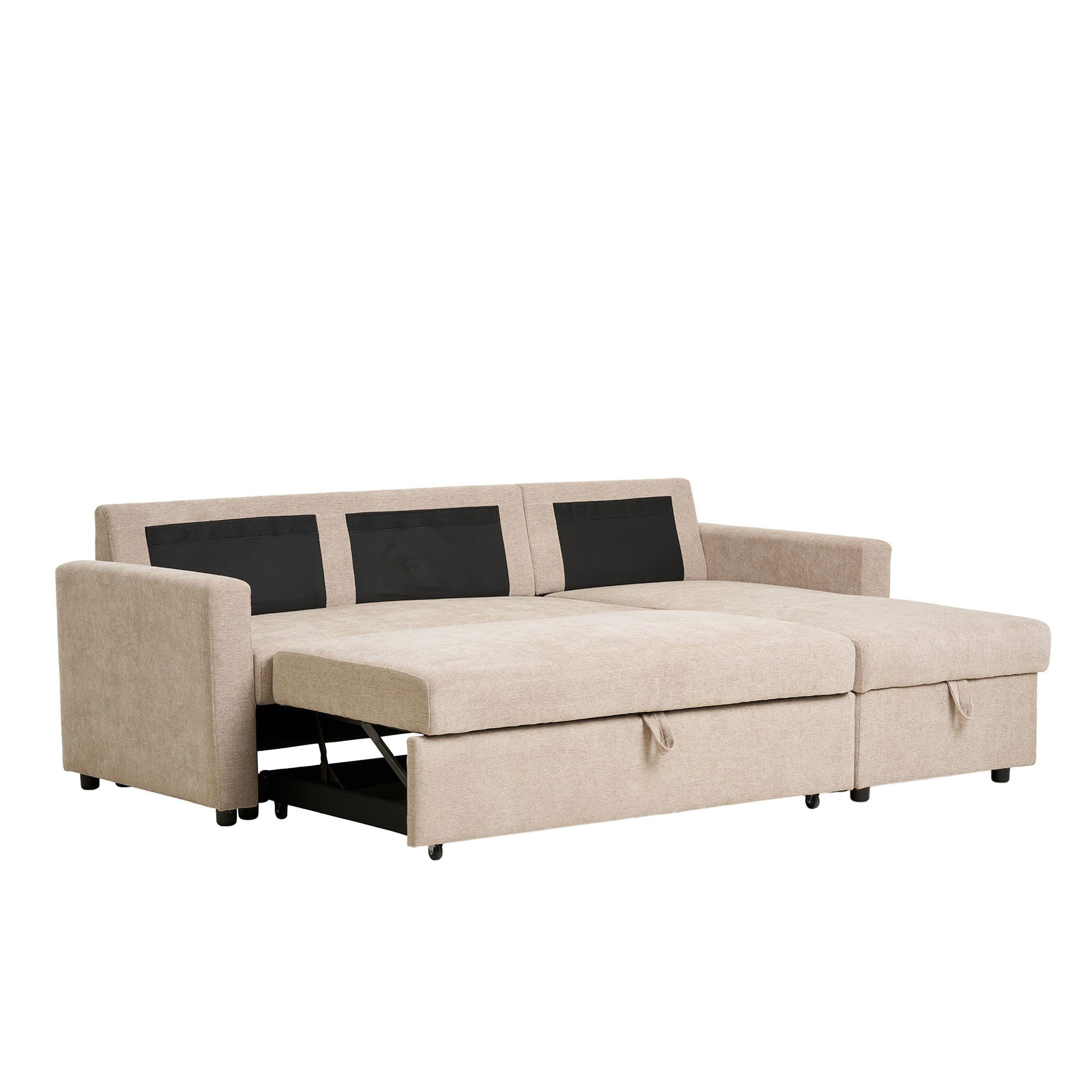 Belfast – Schlafsofa mit Stauraum, dark sand, natürliche Holzbeine, 218 × 80/150 × 87 cm
