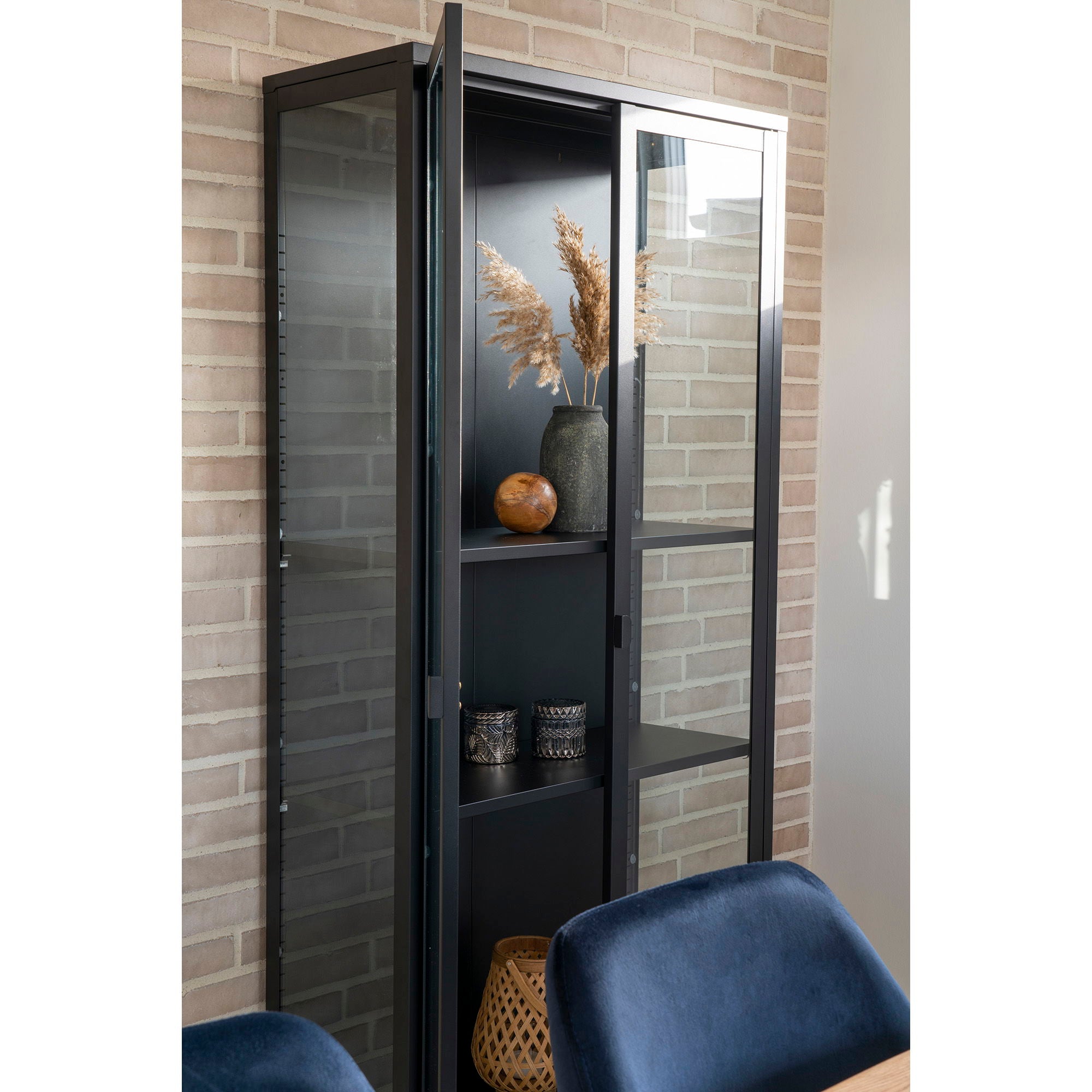 Brisbane – Vitrine mit 2 Glastüren, Stahl & Glas, Schwarz, 80 × 35 × 175 cm