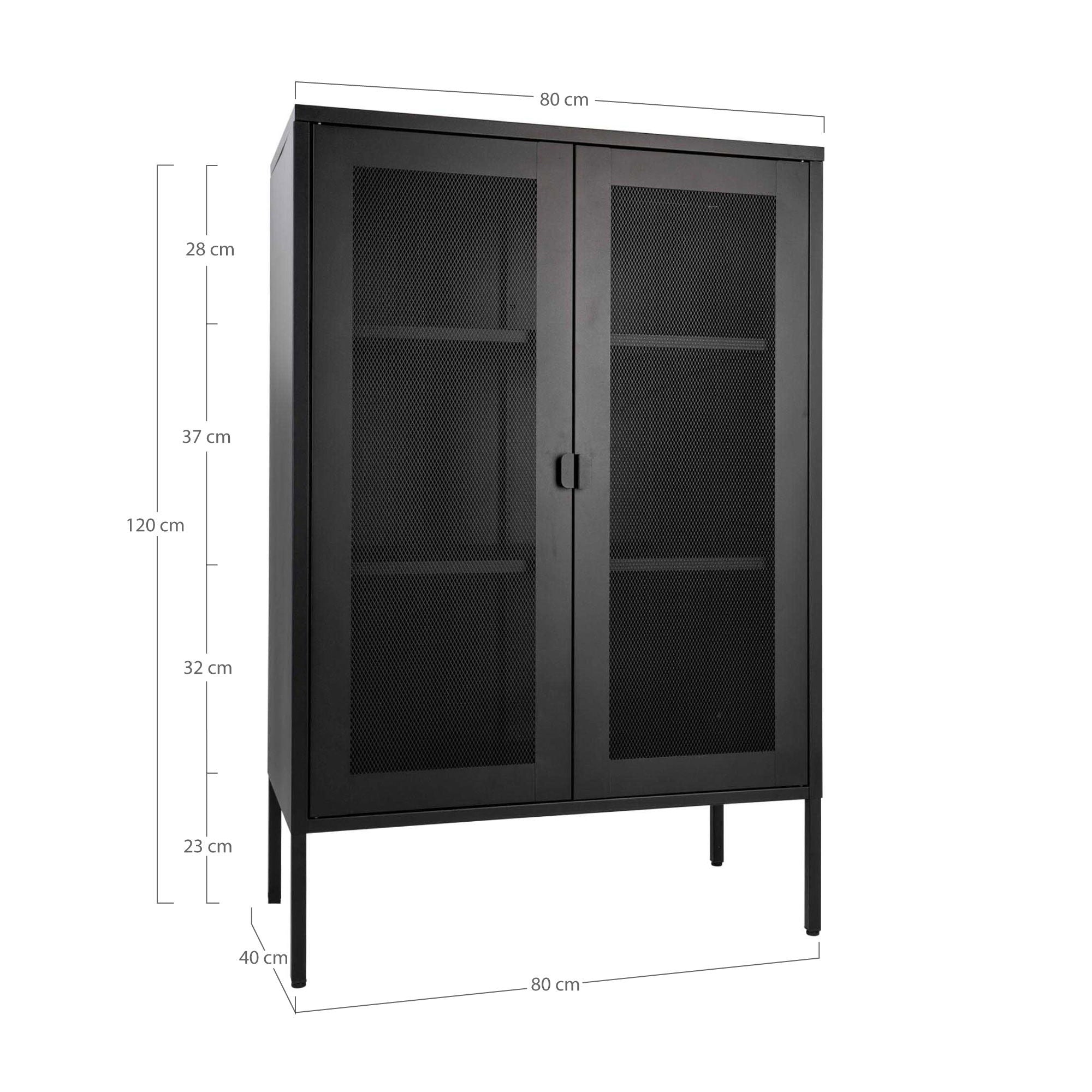 Melbourne Sideboard – Stahl, 2 Mesh-Türen, Schwarz, 80 × 40 × 120 cm