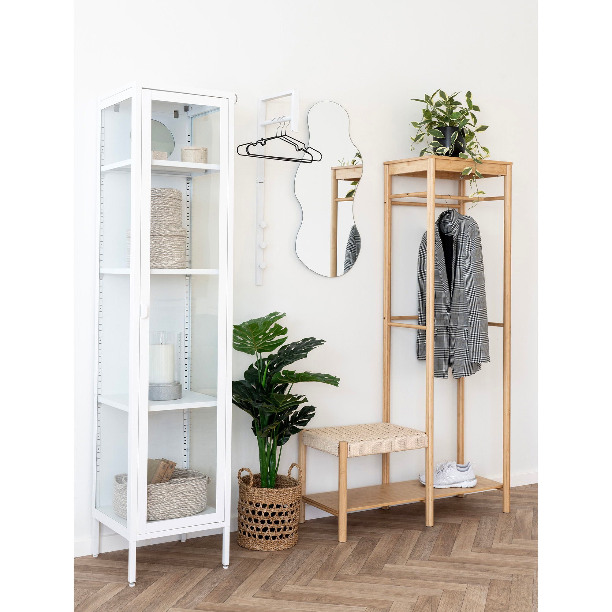 Ember – Kleiderständer mit Sitzbank, Bambus, natur, 36×95×165 cm