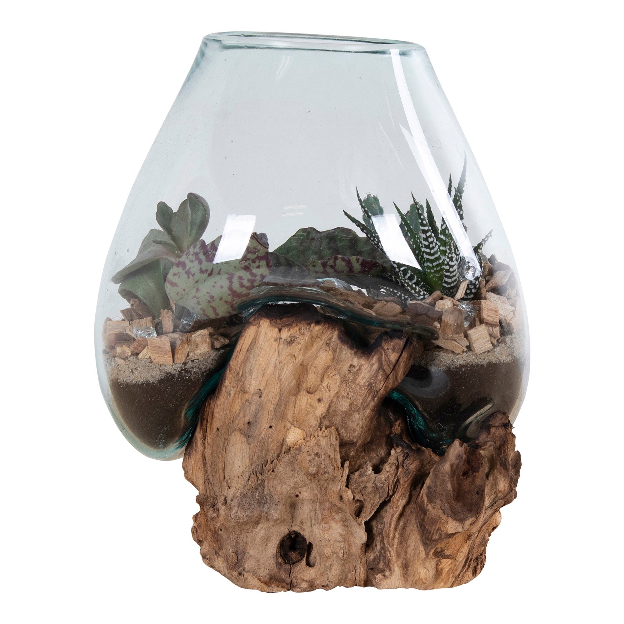 Glasobjekt auf Teakholz, natur, H20 cm