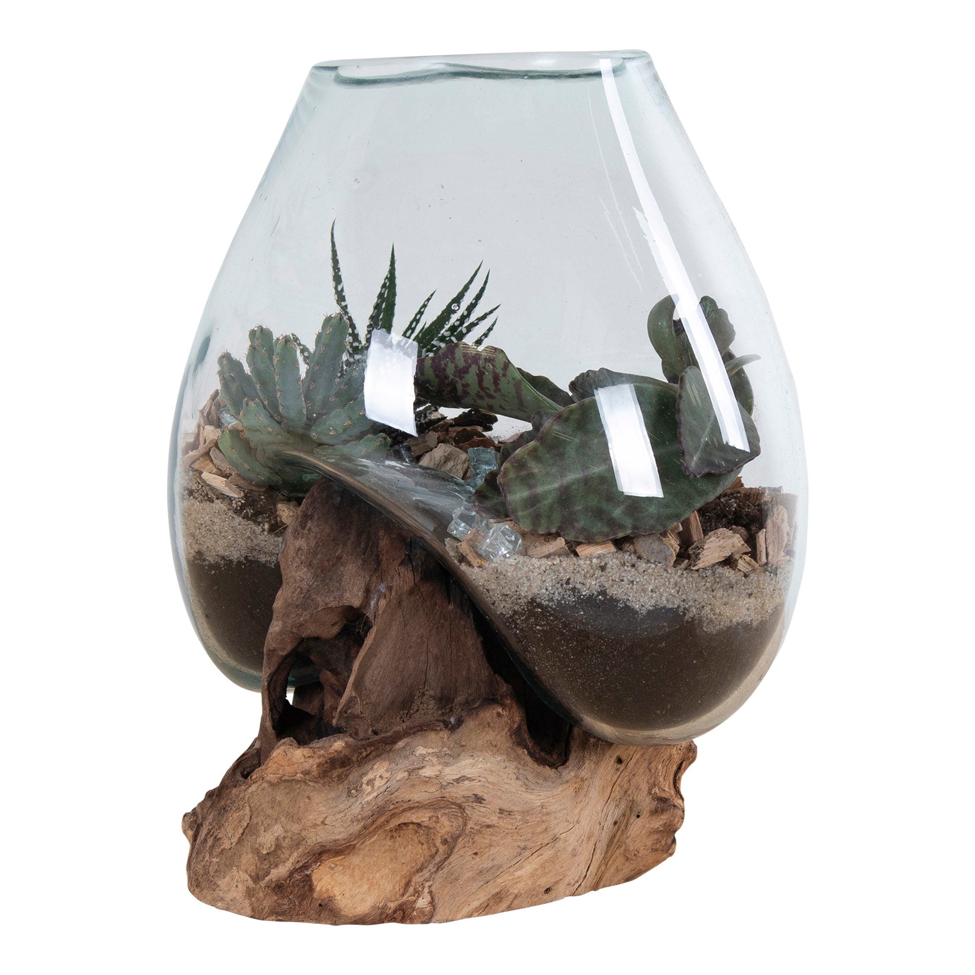 Glasobjekt auf Teakholz, natur, H20 cm